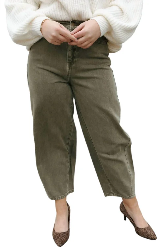 Washed Barrel Pants In Olive Relaxed Lounge Trousers