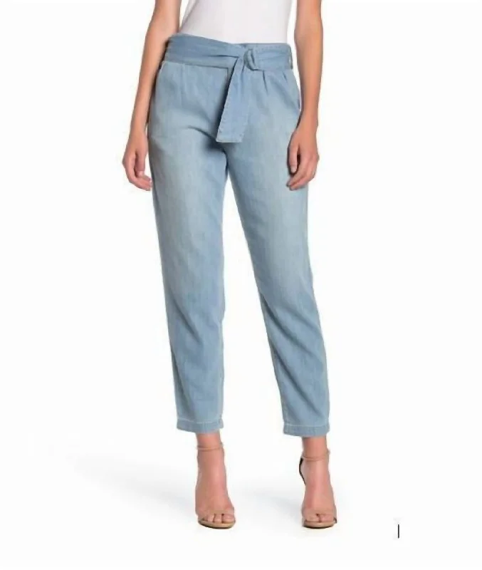 Belted Paperbag Soft Denim High Rise Pants In Light Wash Lightweight Jogger Pants