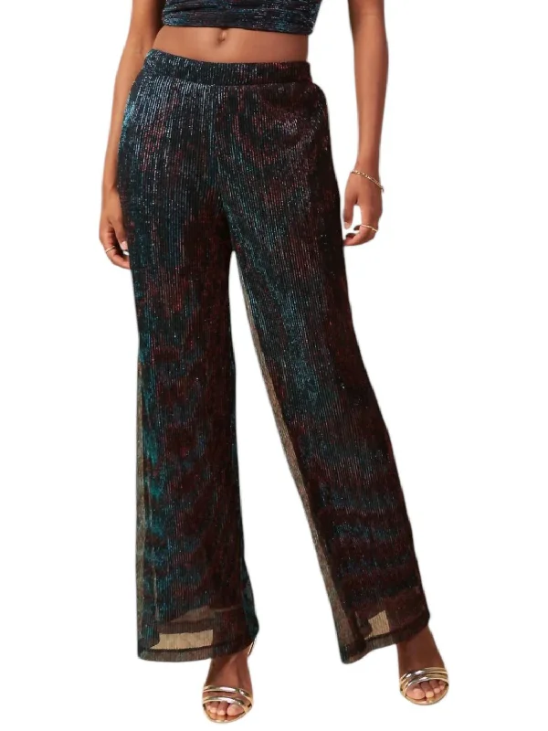 Sparkly Metallic Mesh Pants In Black Teal Fashionable Button-Up Pants