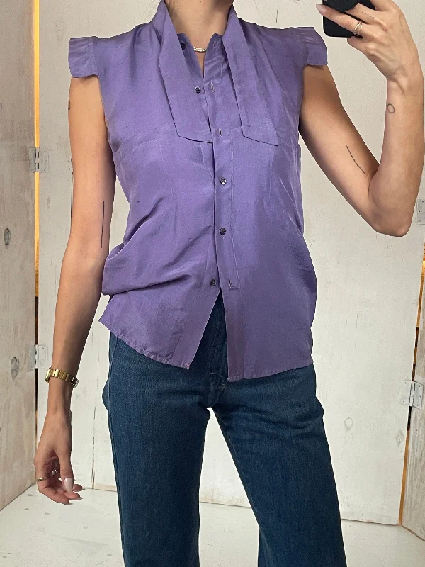 80s Thierry Mugler Purple Silk Sleeveless Blouse Feminine Tie Blouse