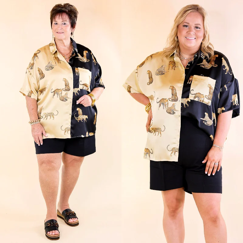 All Eyes On Me Button Up Cheetah Print Blouse in Black and Gold Embroidered Floral Blouse