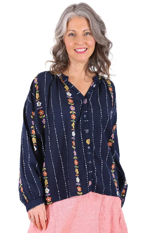 Cape May Blouse Navy in Cotton Blend Silky Tunic Blouse