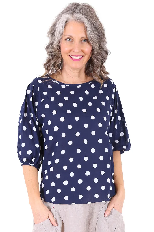 Cyan Spot Blouse Navy in Seersucker Satin Bow Blouse