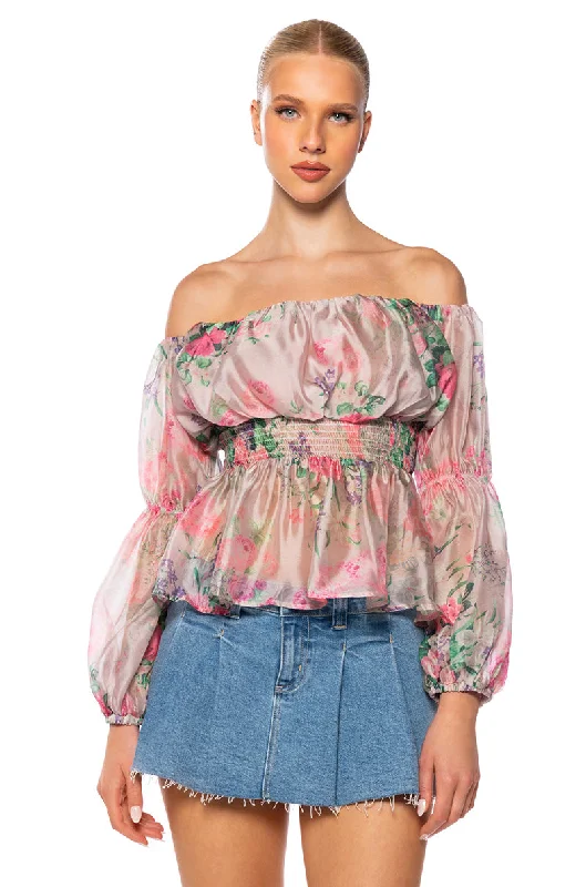 ESME OFF THE SHOULDER PRINTED BLOUSE Lightweight Linen Blouse