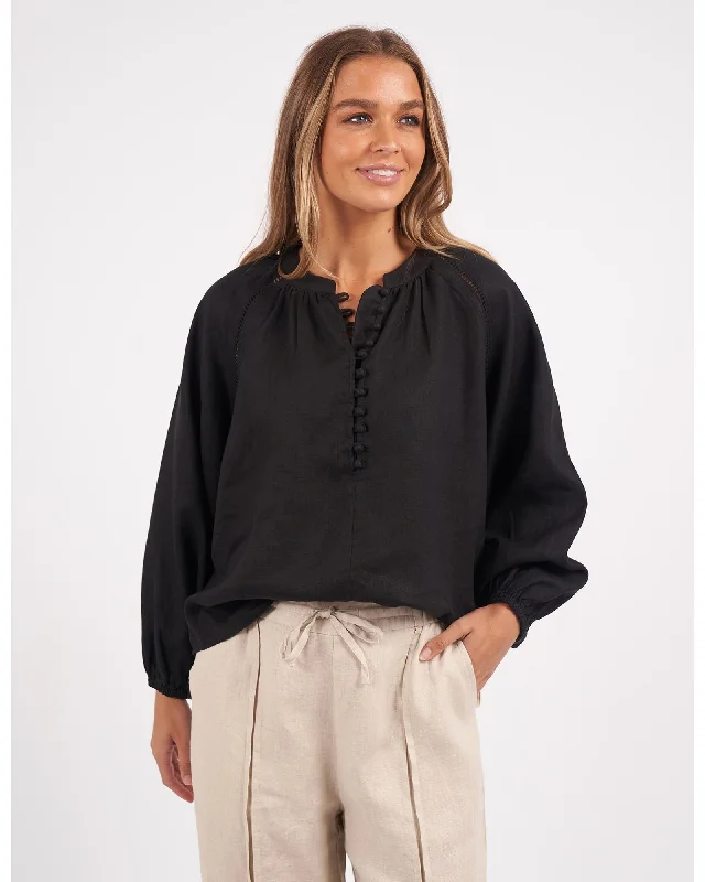 Foxwood - Sardinia Linen Blouse - Black Sweetheart Neck Blouse