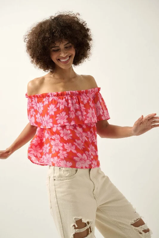 Island Breeze Off-Shoulder Floral Chiffon Blouse Pleated Collar Blouse