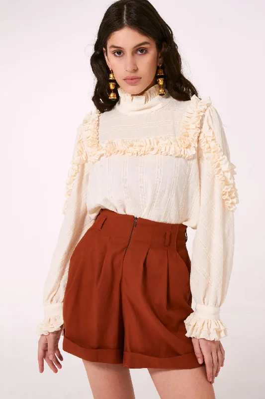 Jacard Blouse with Ruffles Soft Knit Blouse