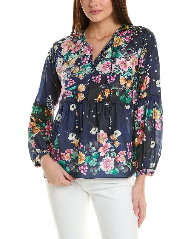 Johnny Was Bursting Echo Silk Blouse Elegant Embroidery Blouse