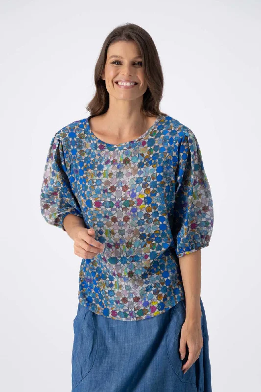 Kaleidoscope Blouse Blue in Seersucker Wrap Front Blouse