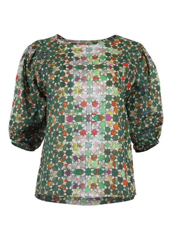 Kaleidoscope Blouse Green in Seersucker | Pre-Order (M) Balloon Sleeve Blouse