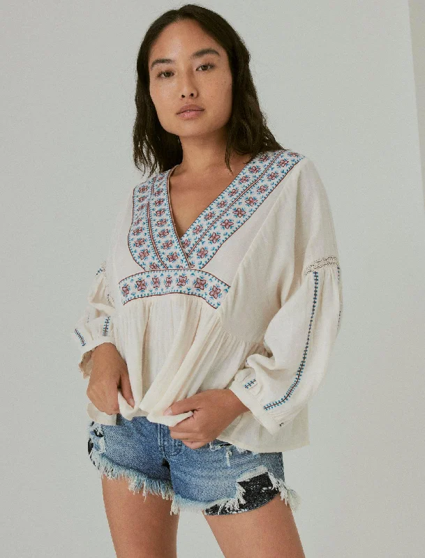 Lucky Brand Women's Embroidered V Neck Peasant Blouse Balloon Sleeve Blouse