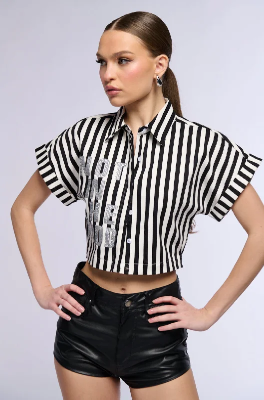 NOT IN THE MOOD STRIPED BUTTON DOWN CROP BLOUSE Loose Fit Blouse