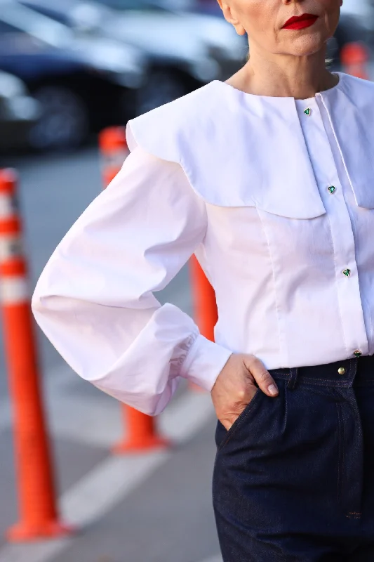 Off-White blouse with Peter Pan collar and exclusive heart buttons Elegant Peplum Blouse