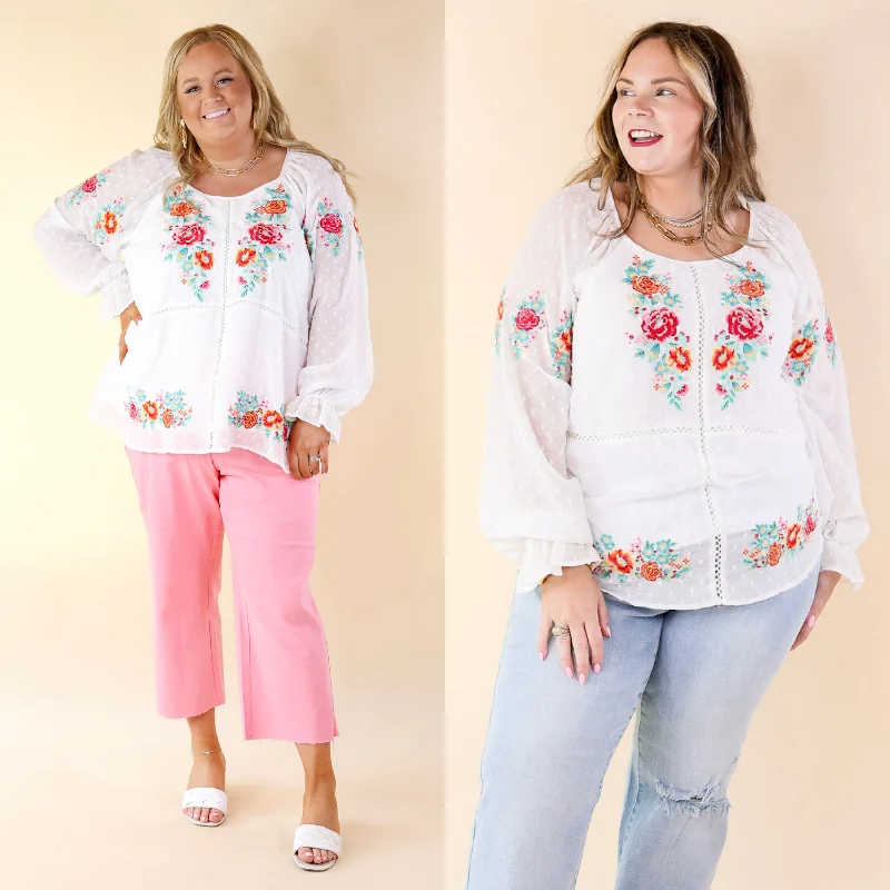 Patio Days Swiss Dot Long Sleeve Blouse with Floral Embroidery in White Modern Work Blouse