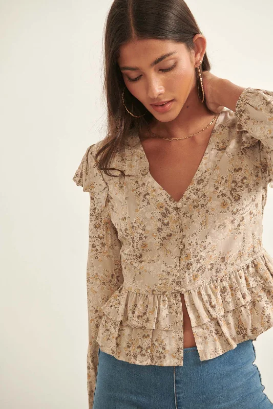 Pure Fantasy Ruffled Floral Button-Up Blouse Smart Business Blouse