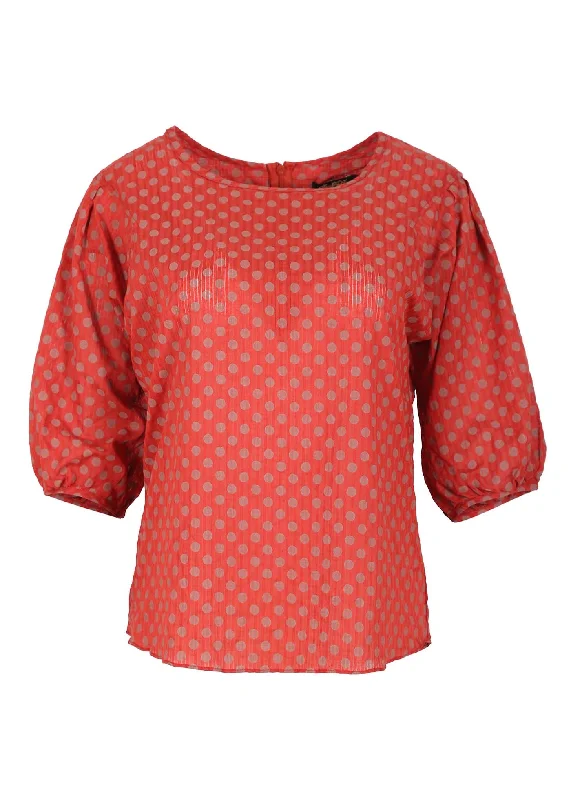 Polka Dot Blouse Orange in Seersucker Ruched Sleeve Blouse