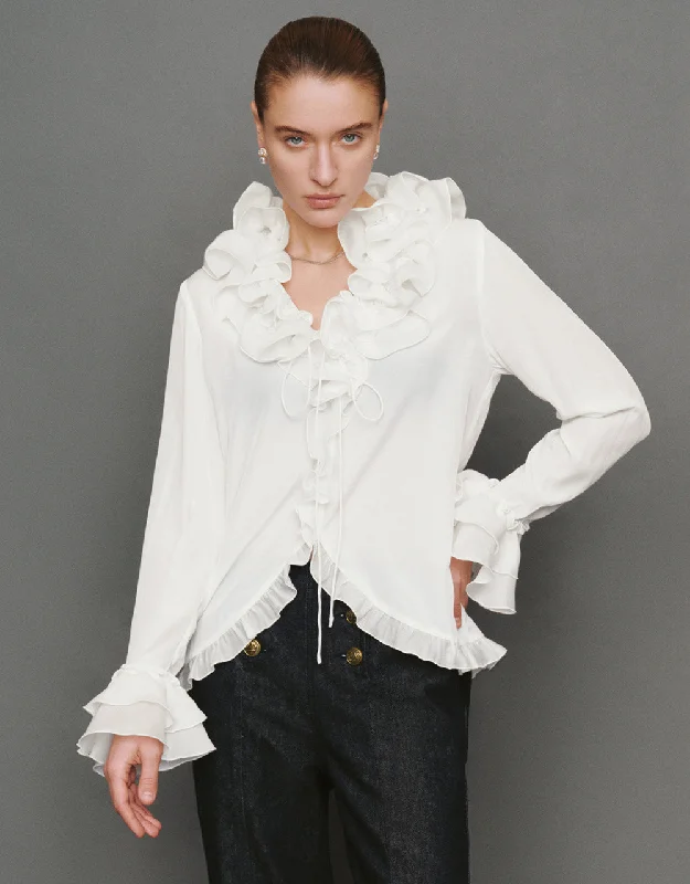 Ruffle V-Neck Tie Front Blouse Lightweight Linen Blouse