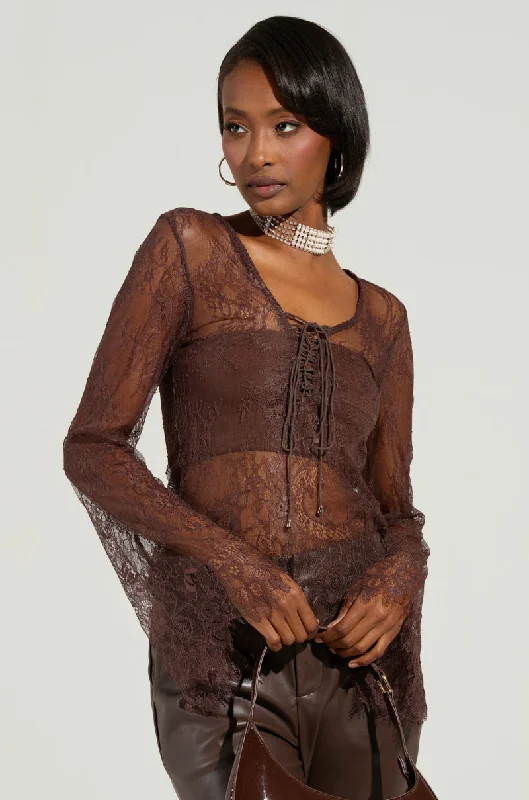 STARLIGHT LONG SLEEVE LACE BLOUSE IN BROWN Chic Ruffle Blouse