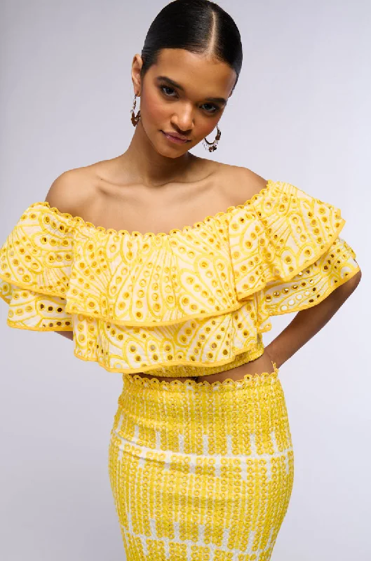 SUMMER LOVING OFF THE SHOULDER RUFFLE CROP BLOUSE IN YELLOW Relaxed Fit Blouse