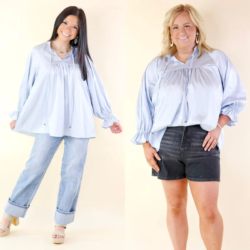 Sunset Situation Front Tie Keyhole Blouse in Light Blue Silky Tunic Blouse