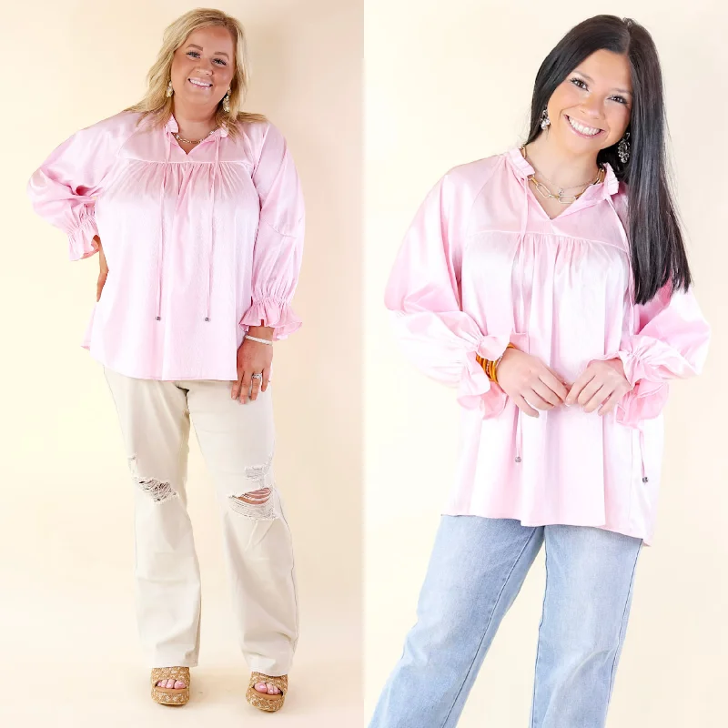 Sunset Situation Front Tie Keyhole Blouse in Light Pink Casual Relaxed Fit Blouse