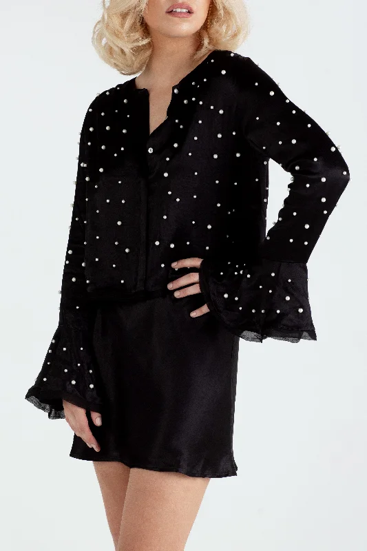 "The Aisling" - Pearl Blouse (Black) Stylish Wrap Blouse