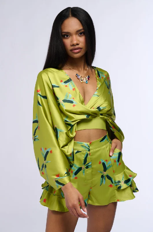 WE MEET AGAIN SATIN BLOUSE IN GREEN MULTI Business Casual Blouse