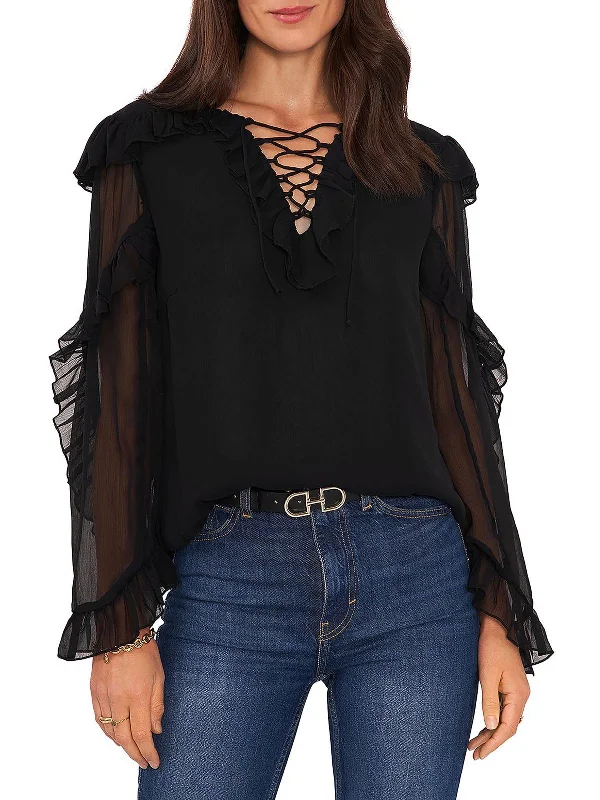 Womens Ruffled Lace-Up Blouse Collared Satin Blouse