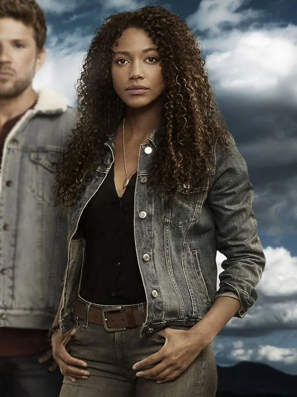 Big Sky Kylie Bunbury Blue Denim Jacket Zippered Front Buttoned Front Snap Front