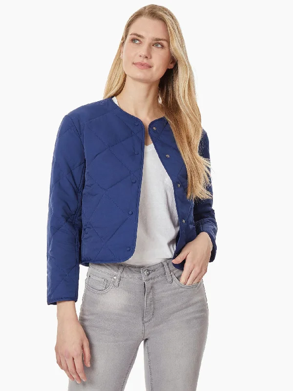 Collarless Quilted Jacket Mesh Fabric Canvas Fabric Denim Fabric