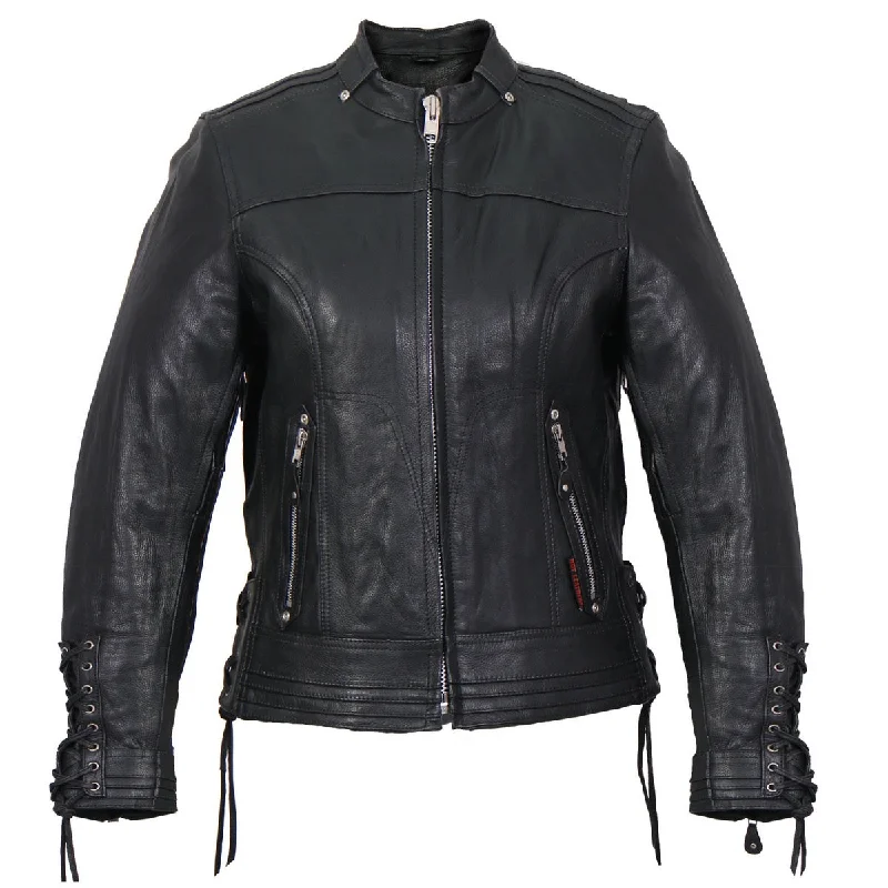 Hot Leathers JKL1025 Ladies Lace Up Sleeves Leather Jacket Houndstooth Herringbone Solid