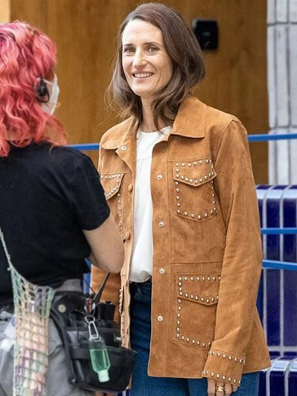 Killing Eve Camille Cottin Suede Leather Jacket Beaded Sequined Faux Fur