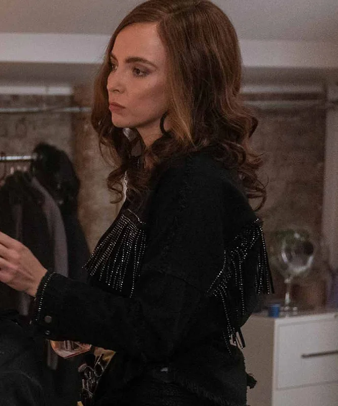 Killing Eve Villanelle Fringe Denim Black Jacket Satin Blend Silk Blend Wool Blend