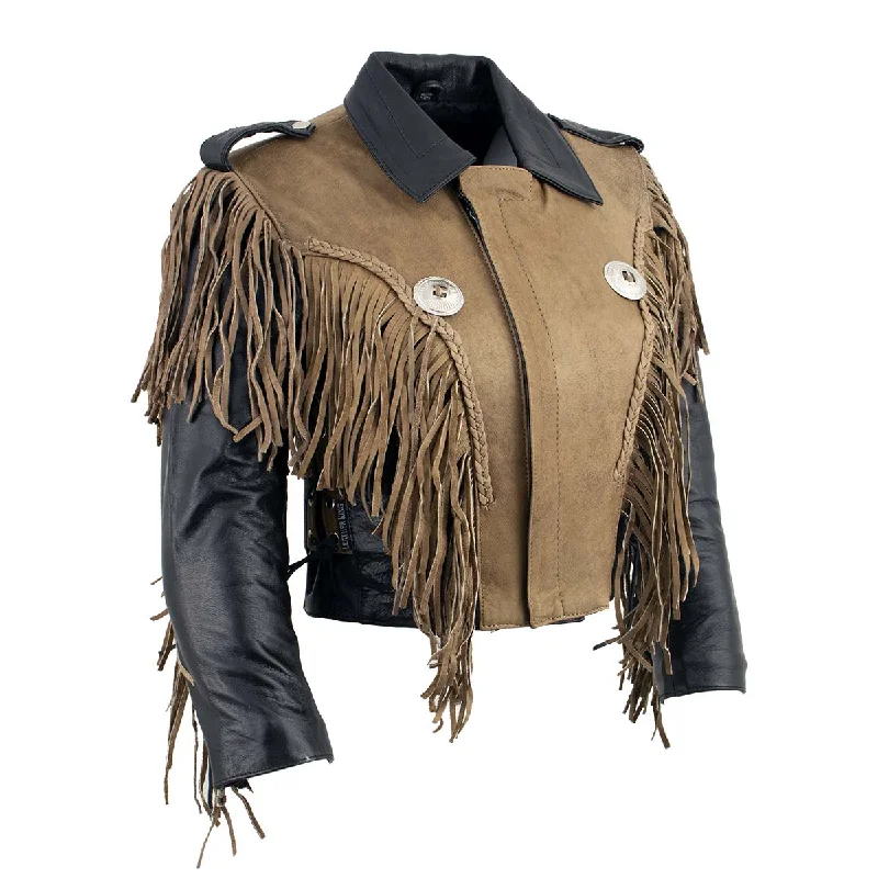 Leather King SH2015 Ladies ‘Fringed’ Cropped Two Tone Jacket with Notch Collar Peter Pan Collar Cowl Neck