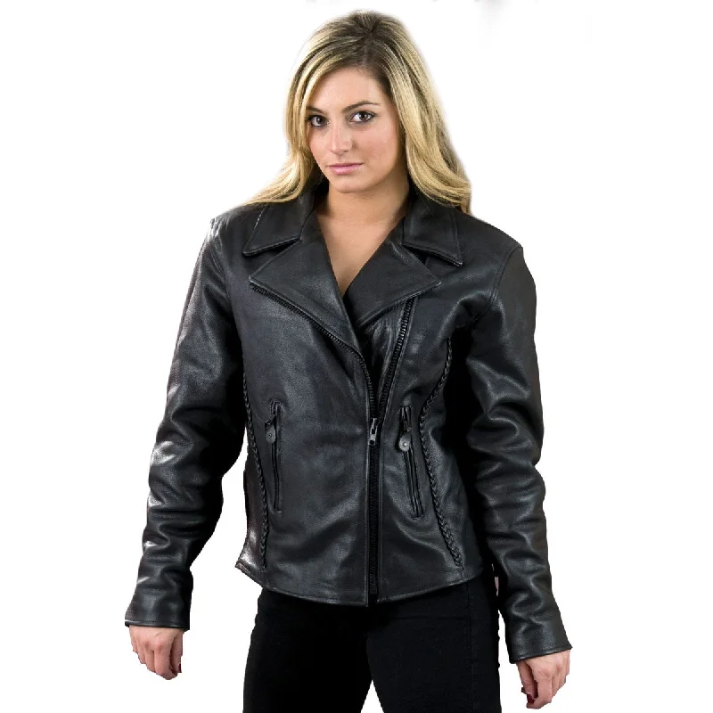 Milwaukee Leather SH7023 Women's 'Braided' Black Leather Jacket with V-Neck T-Shirt Long Sleeve Cotton