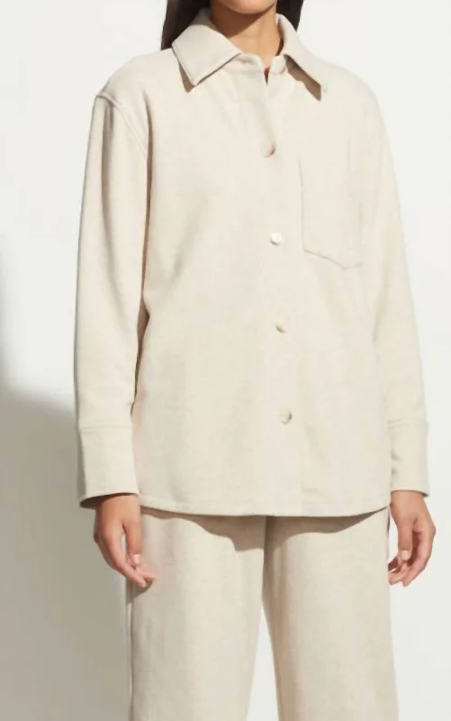 Oversized Shirt Jacket In White Sand Zippered Front Buttoned Front Snap Front