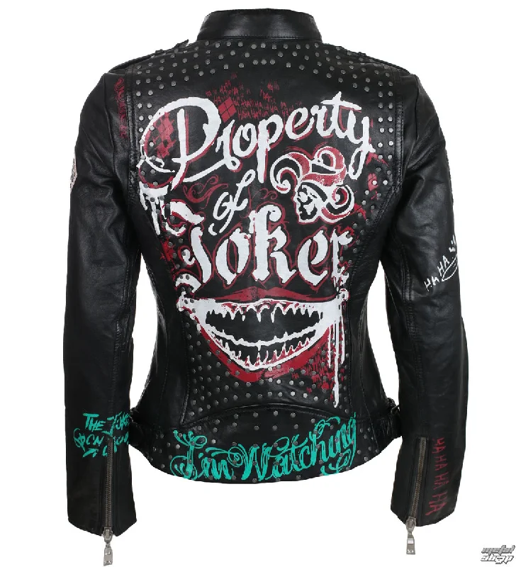 Property Of Joker Suicide Squad Women Jacket Notch Collar Peter Pan Collar Cowl Neck