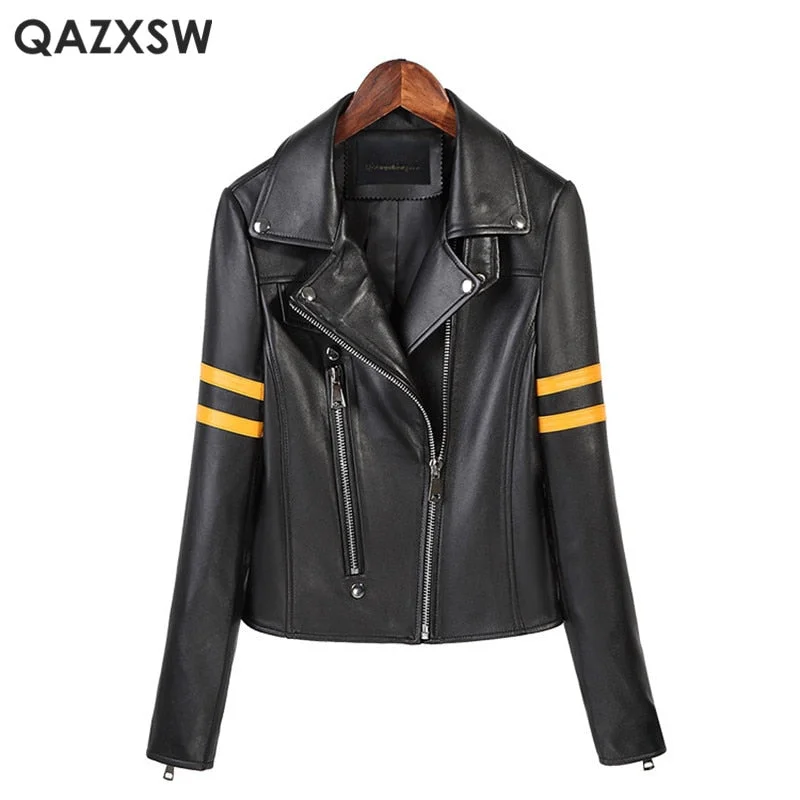 QAZXSW Fashion Motorcycle Jacket 2019 New Autumn Genuine Leather Short Jacket 2019 New Women Sheepskin Leather Coat LH1280 Spandex Blend Rayon Blend Denim Blend