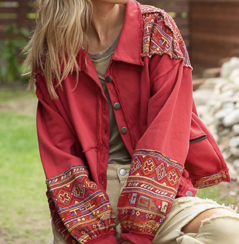 Red Embroidered Jacket In Red Multi Elasticated Padded Insulated