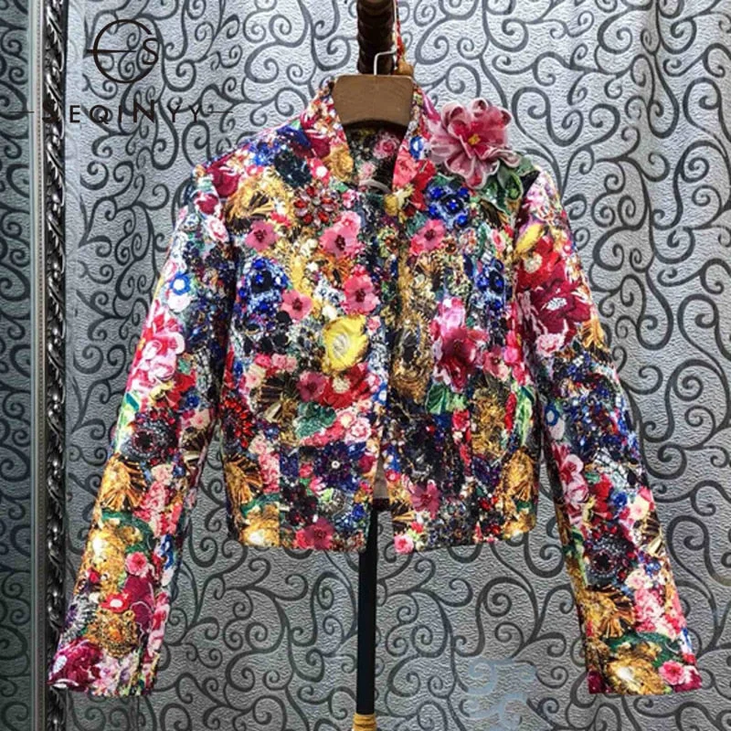 SEQINYY Luxury Jacket 2020 Spring Autumn New Fashion Design Bead Sequins Crystal Colorful Flowers Print Jacquard Top Women Ribbed T-Shirt High Neck Heavyweight