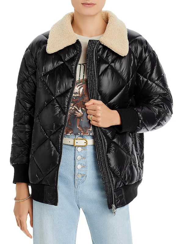 Shay Womens Faux Fur Trim Cold Weather Puffer Jacket Handmade Hand-knitted Hand-woven