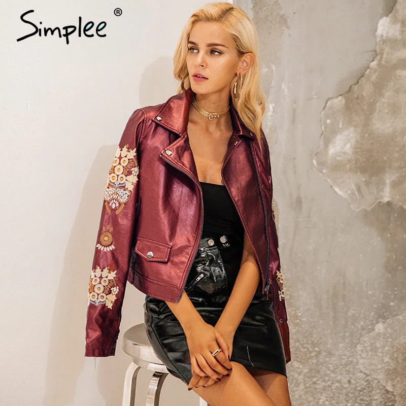 Simplee Embroidery coat jacket women Zipper black PU leather moto jacket  Fsahion 2017 basic winter jacket women outwear coat Rayon Velvet Corduroy