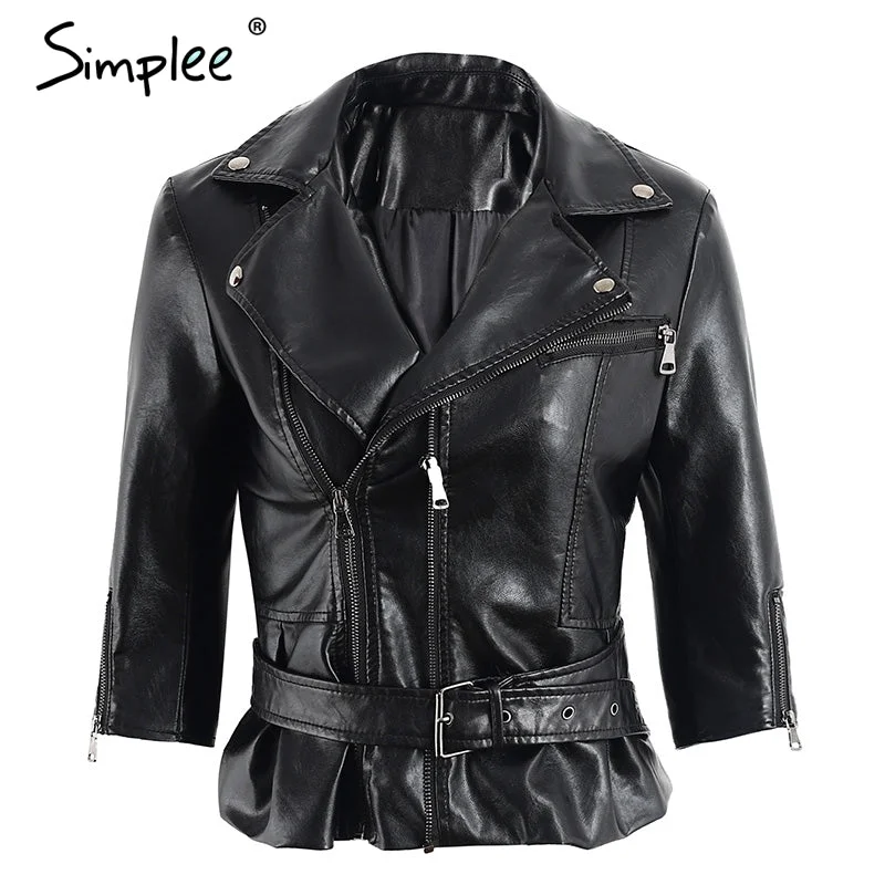 Simplee Zipper black PU faux leather coat jacket women Fashion basic  jacket women outwear coat Pocket  2017 winter moto jacket Solid Color Striped Floral