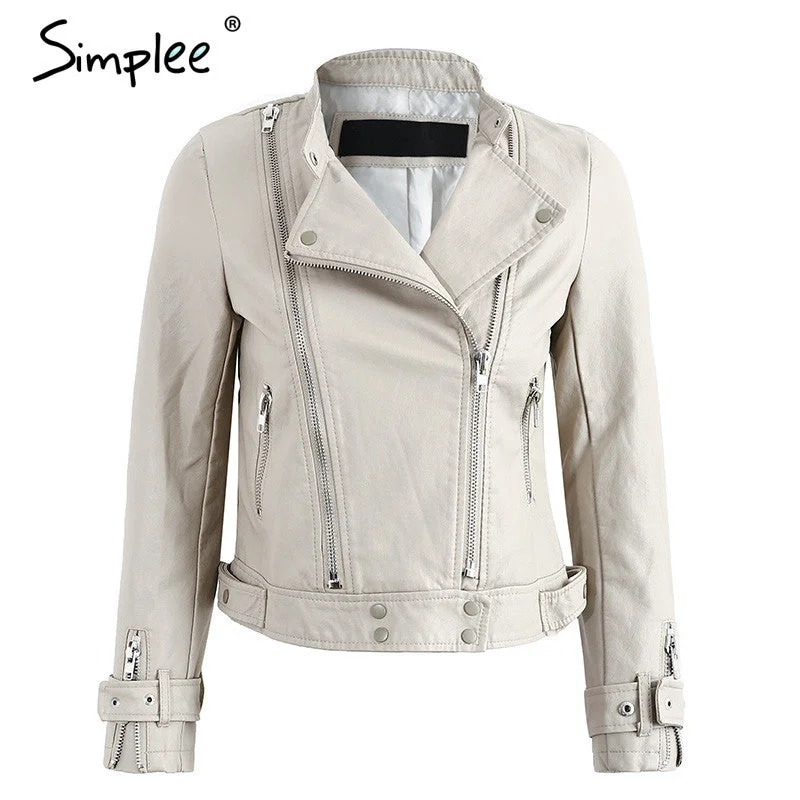 Simplee Zipper PU leather coat jacket women Short white moto jacket  zipper 2017 Classic basic winter jacket women outwear coat Terry Blend Velvet Blend Canvas Blend