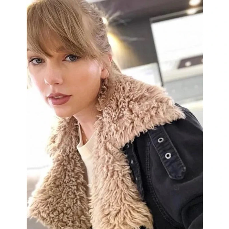 Taylor Swift Sherpa Jacket Collared T-Shirt Boat Neck A-Line