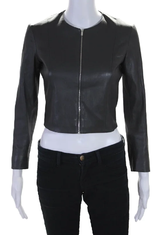 The Row Womens Leather Round Neck Darted Long Sleeve Zipped Jacket Gray Fleece Nylon Spandex