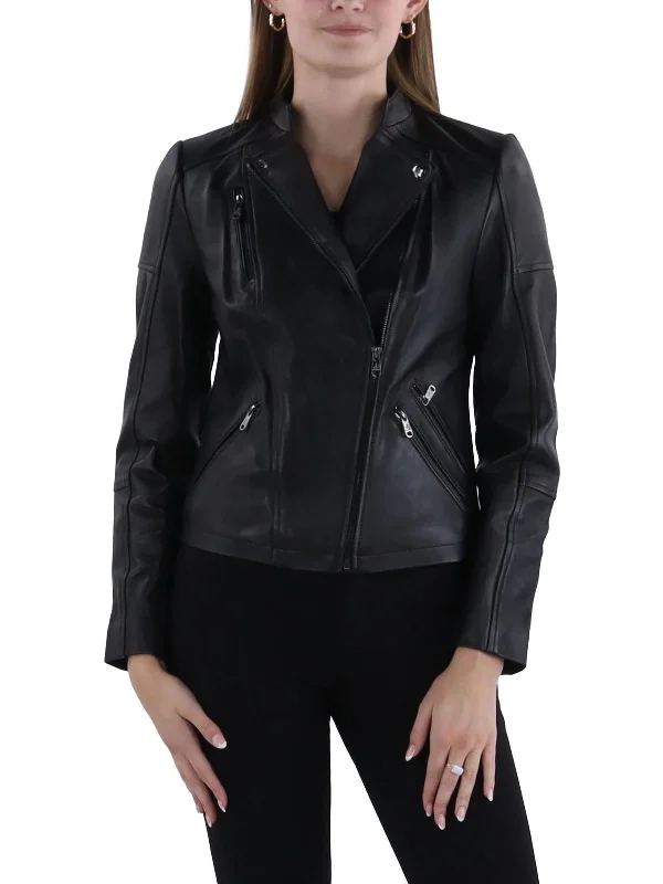 Womens Genuine Lambskin Leather Short Leather Jacket V-Neck T-Shirt Long Sleeve Cotton