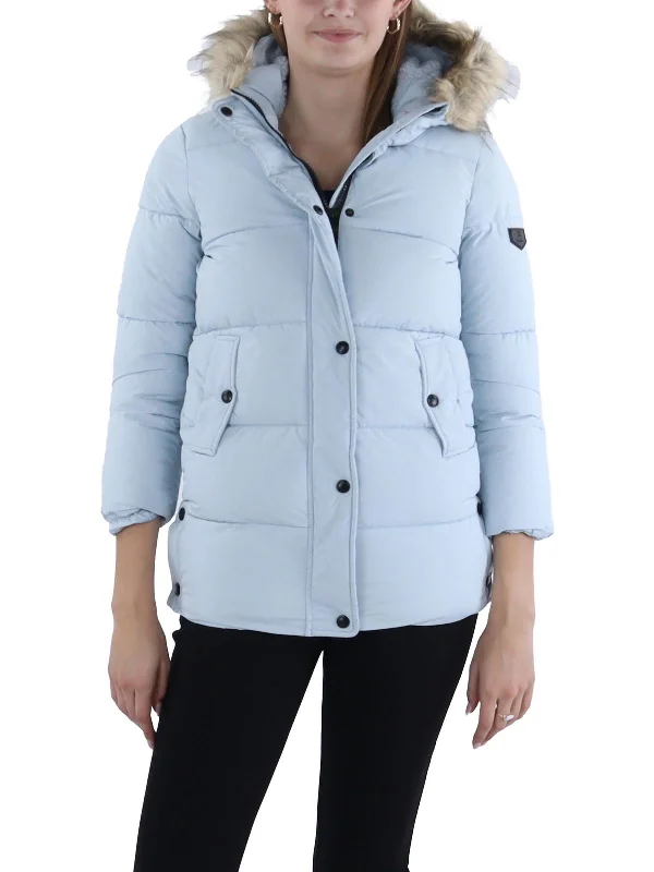 Womens Quilted Cold Weather Puffer Jacket Faux Fur Fabric Real Fur Fabric Shearling Fabric