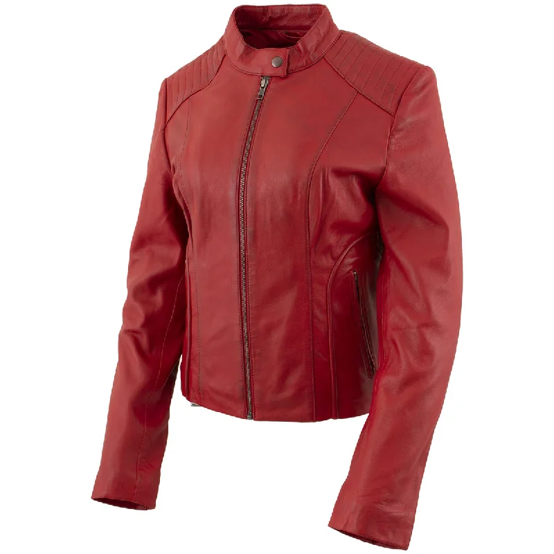 Xelement B91066 Women's ‘Keeper’ Red Leather Scuba Style Biker Jacket Cozy Warm Stylish