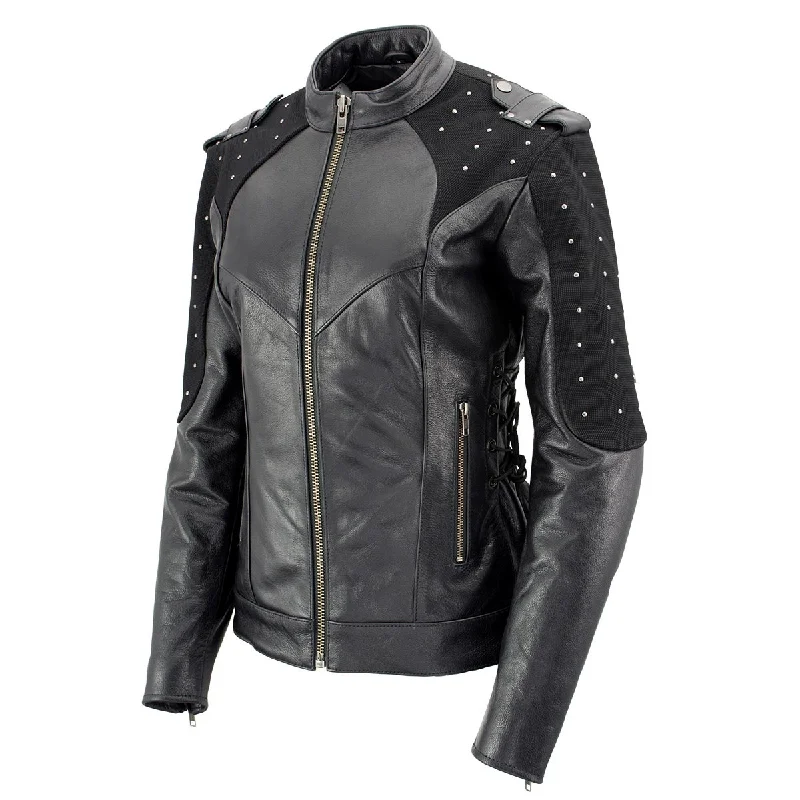 Xelement Women's Scuba Black Leather Motorcycle Biker Jacket with Elegant Classic Vintage